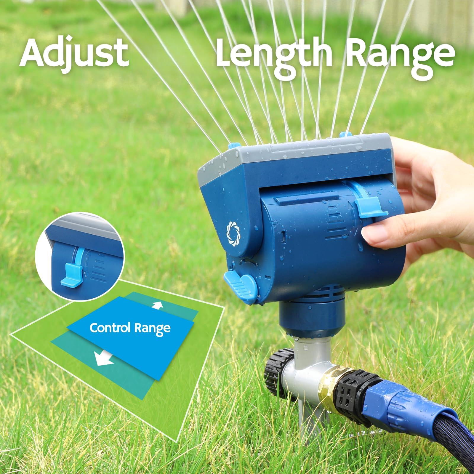 Oscillating Sprinkler With Metal Step Spike And Quick Connect Adapter Set  Control Watering Range Width Flow Rate Covers Up To 4 069 Sq.ft. Blue