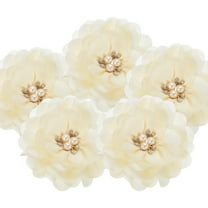 3.15 Inch Chiffon Flowers, 5 Pcs Fabric Flowers Rhinestone Pearl Large Camellia Sewing Appliques for DIY Crafts Dresses Clothing Headbands Wedding Party Decoration, Beige white
