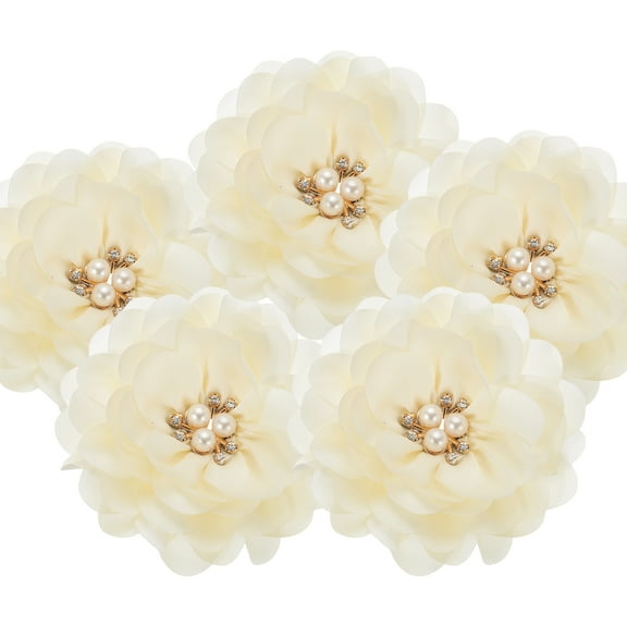 3.15 Inch Chiffon Flowers, 5 Pcs Fabric Flowers Rhinestone Pearl Large Camellia Sewing Appliques for DIY Crafts Dresses Clothing Headbands Wedding Party Decoration, Beige white