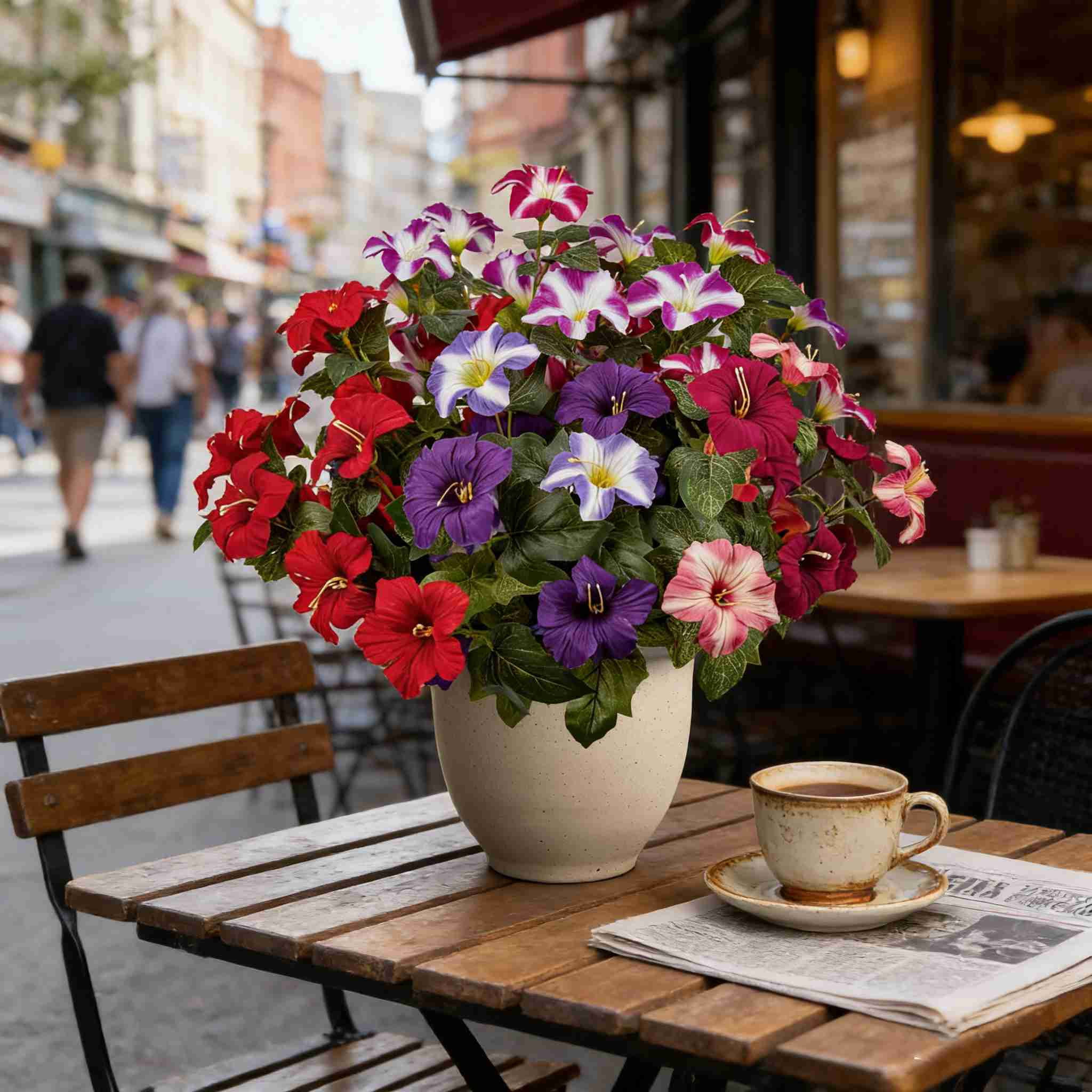 4Pcs Artificial Fake Flowers for Outdoor, 16.54" Faux Silk Petunias Spring Flowers for Indoor Porch Planter Front Door Garden Patio Window Box Home Decor(Mixed Colors)