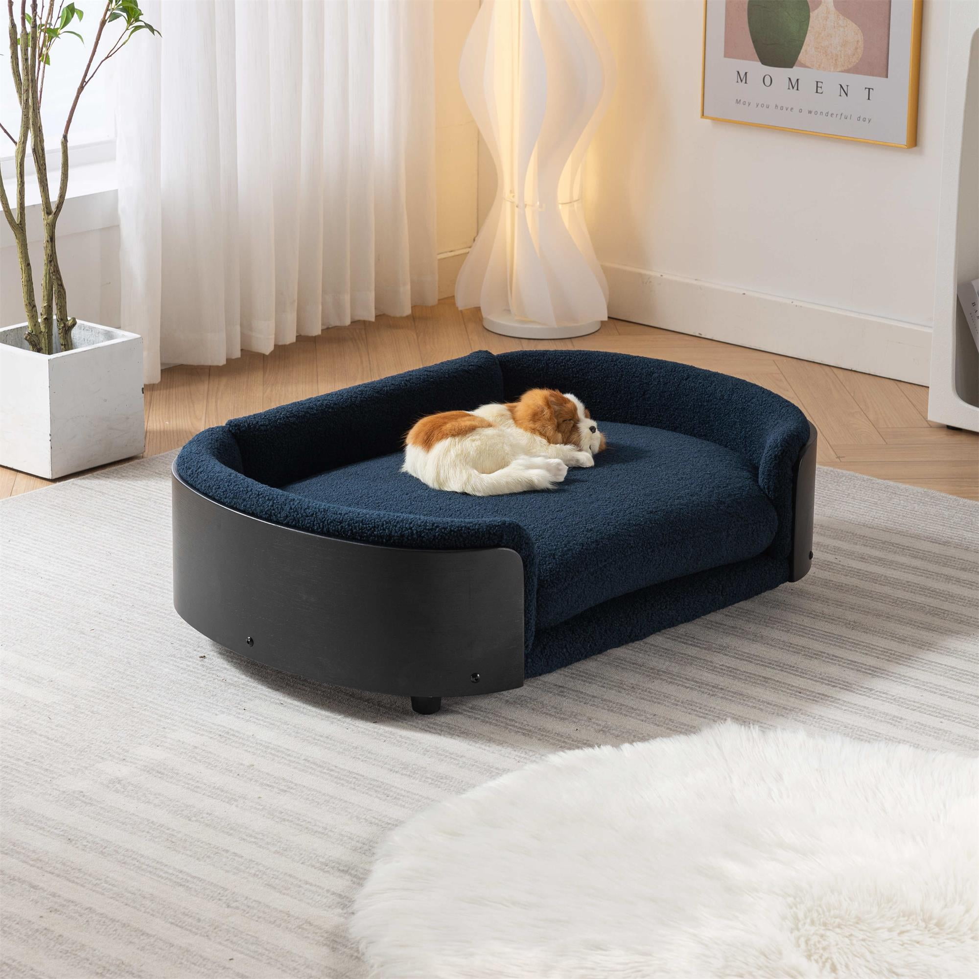 Pefilos 38" Elevated Pet Dog Bed with Solid Wood Legs and Black Bent Wood Back, Cashmere Cushion, Pet Sofa for Indoors Dogs, Dark Blue Pefilos 38" Elevated Pet Dog Bed with Solid Wood Legs and Black Bent Wood Back, Cashmere Cushion, Pet Sofa for Indoors Dogs, Dark Blue