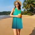 thumbnail image 2 of Horeoi Green Turquoise Teal Print Women's Sleeveless Dress Cotton-like Flared Hem Deep Side Pockets Above-Knee, 2 of 6