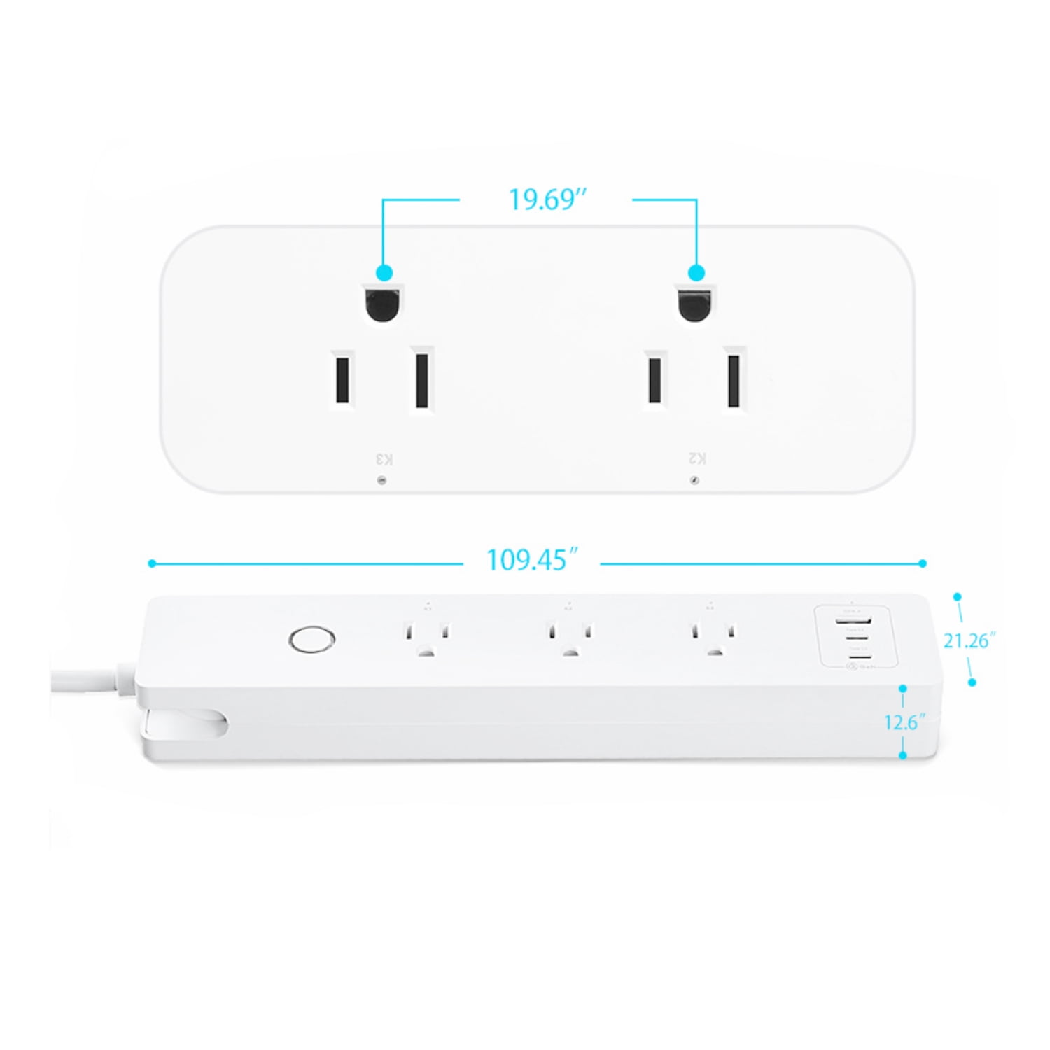 65W GaN PD Smart Power Strip WiFi Plug Multiple Outlet Surge Protector 3 AC Outlets，1 USB Ports，2 USB C Ports,15A, Remote Control Timing Schedule Compatible with Alexa Echo, Google Home, White