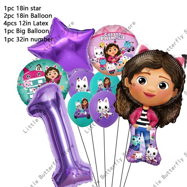 Gabby casa de muñecas gatos número globo decoración de fiesta de cumpleaños para niños globos de aluminio de látex conjunto de globos de muñeca de Gabby(9Pcs Balloon1 Purple AS picture