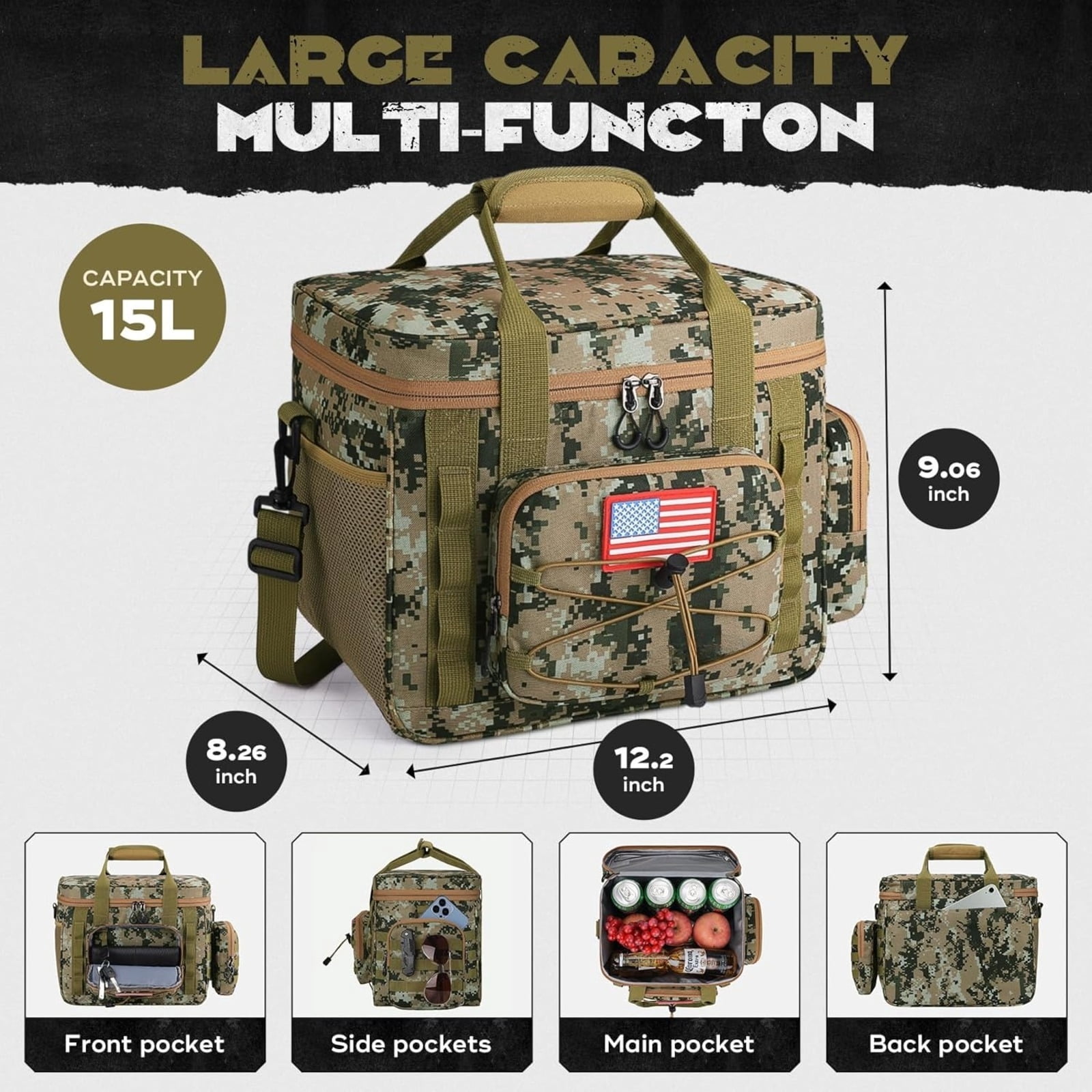 Tactical Lunch Box for Men with 5 Slim Ice Packs, 15L Insulated Cooler Bag with MOLLE Pouch