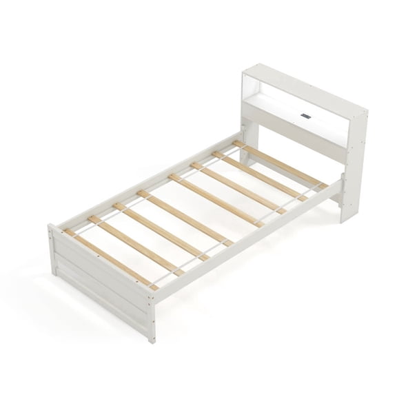 Furnibear Twin Size Bed Frame with Storage Headboard and USB Charging Station for Kids Teen Bedroom Wood Platform Bed with Headboard, White
