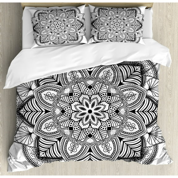 Mandala Queen Size Duvet Cover Set, Ringed Ethnic Floral Pattern with Ornate Tile Lines Boho Circle Art Motif, Decorative 3 Piece Bedding Set with 2 Pillow Shams, Charcoal Grey White, by Ambesonne