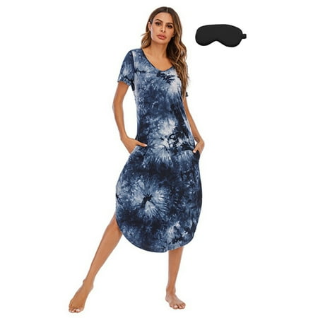 

Womens Long Nightdress Ankle-Length Nightgowns Short Sleeve V Neck Loungewear with Eye Mask Pajamas Sleepwear with 2 Pockets Sleep Shirt Casual Plus Size Sleepdress for Girls House Dress Blue S-2XL