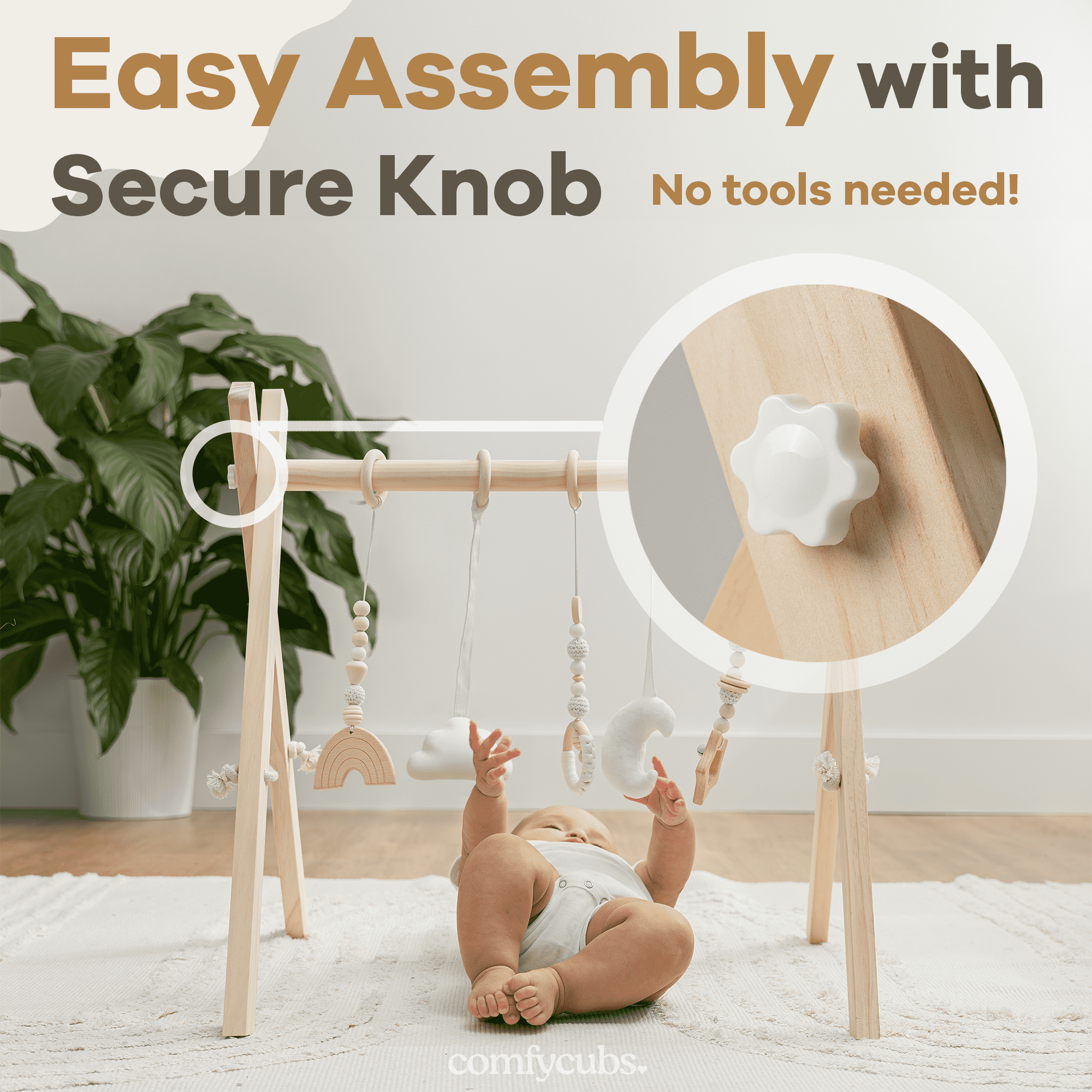 Comfy Cubs Baby Play Gym Set, Wooden Hanging Bar with Gym Toys, Foldable for Infants, Natural Wood