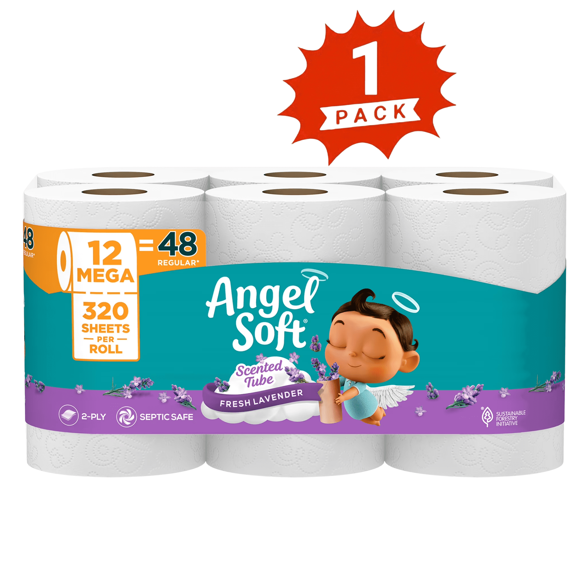 Angel Soft Toilet Paper, 12 Mega Rolls, 2-Ply Bath Tissue with Fresh Lavender Scented Tube, 320 Sheets per Roll (1-Pack)