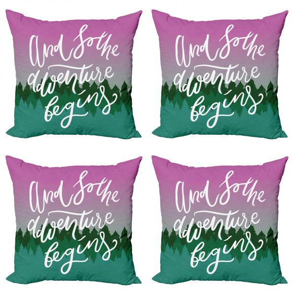 Saying Throw Pillow Cushion Case Pack of 4, Woodland Silhouette with Violet Sky and Adventure Begins Message Inspiration, Modern Accent Double-Sided Print, 4 Sizes, Green Violet White, by Ambesonne
