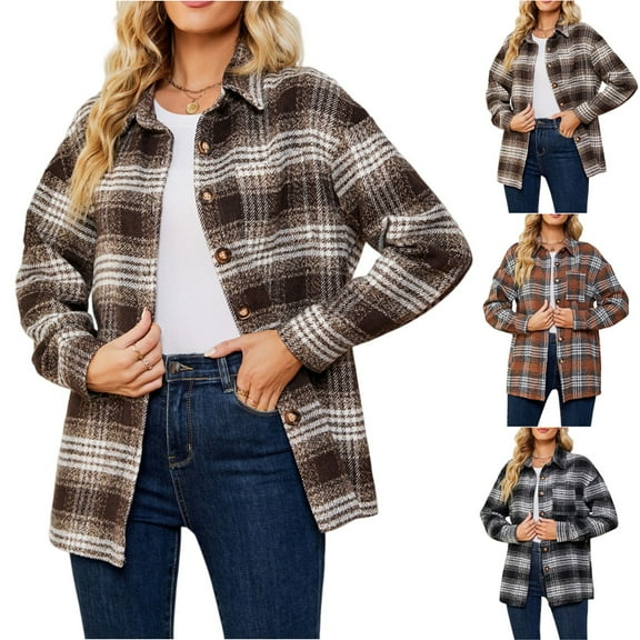 Women's Fashionable Plaid Long Sleeved Lapel Button Pocket Casual Loose Jacket, Tweed Outerwear for Fall and Winter Fashion,Black,L