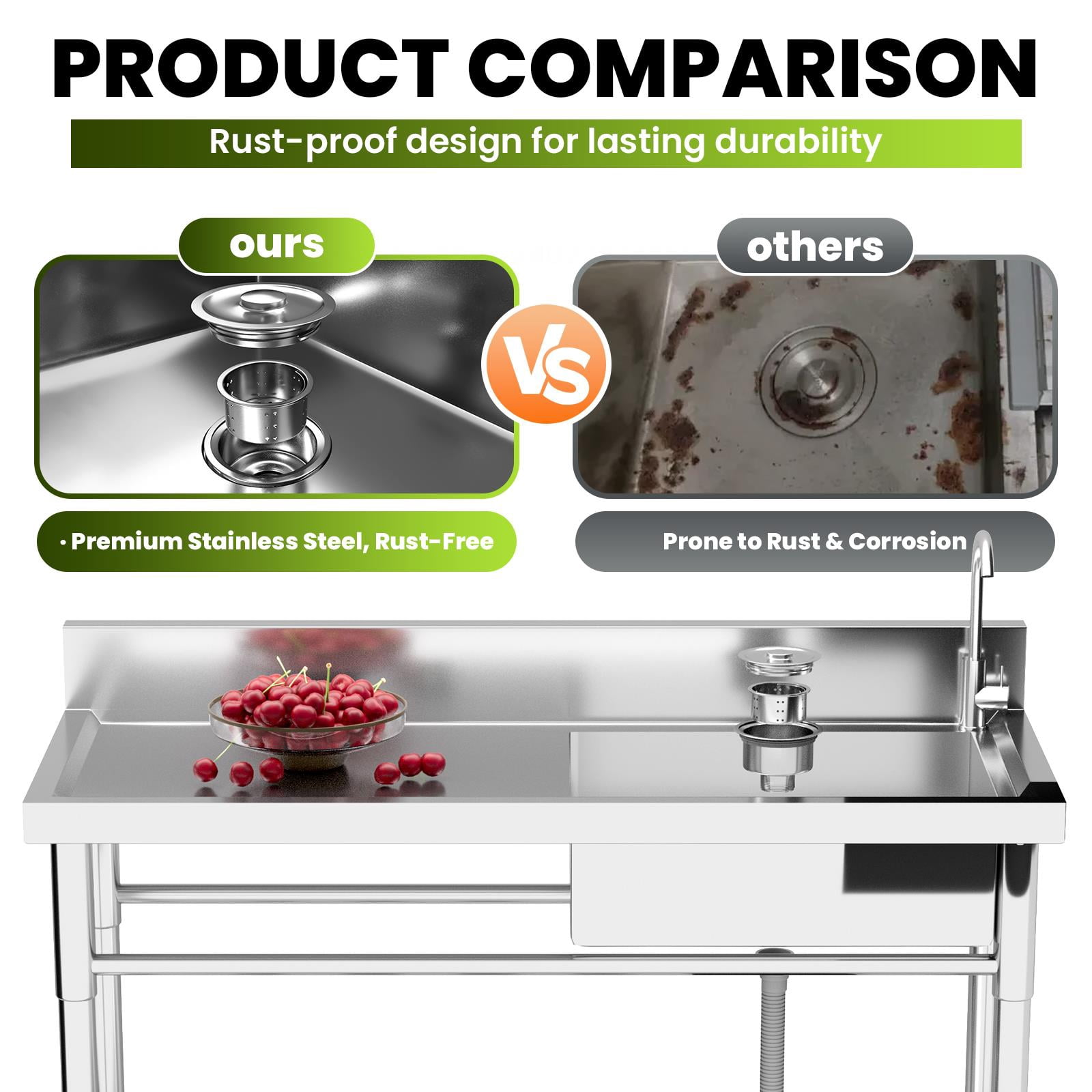 Stainless Steel Commercial Sink, Freestanding Single High Capacity Utility Sinks, with Pull-Out Faucet & Storage Shelf, for Kitchen, Laundry Room, Garage, Outdoor Garden – 47.3" x 18.5" x 33.6"