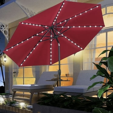 Ainfox 10ft Patio Umbrella with lights, Outdoor Table Sun Shade Umbrellas with Push Button Tilt/Crank, 8 ribs,Wine Red
