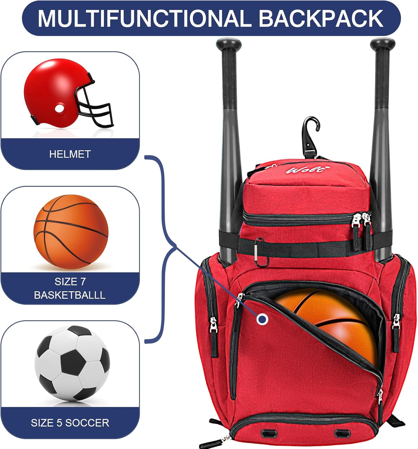 WOLT Baseball Bag Backpack for Youth Adults Baseball Equipment Bag Multifunctional Sport Backpack for Ball Darkred