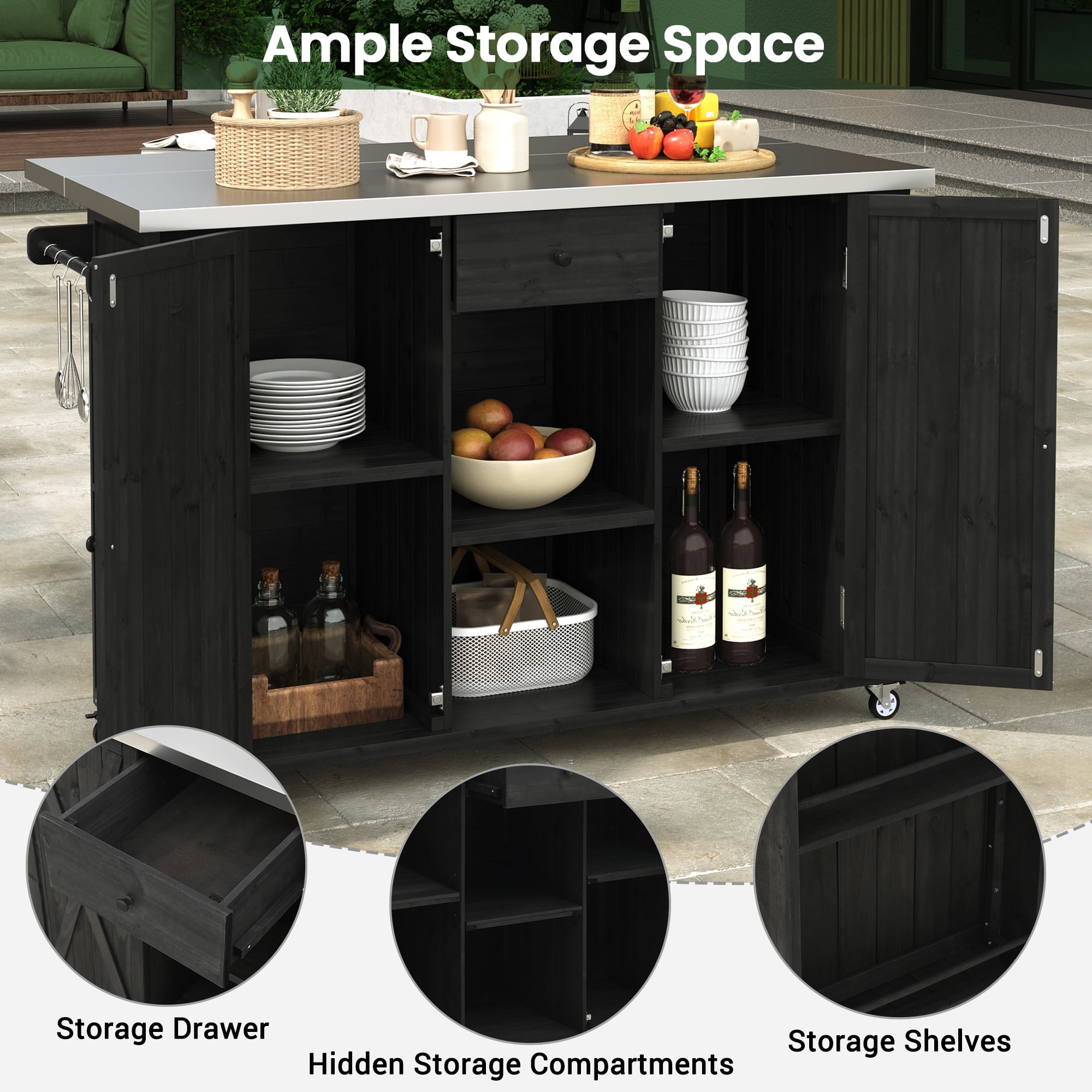 Outdoor Kitchen Islands, Patio Storage, Fir Wood Kitchen Island with Stainless Steel Foldable Top, Lockable Wheels, Ample Storage, Towel and Spice Racks, Bottle Opener for Backyard Patio, Black