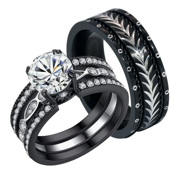 Couple Ring Bridal Set His Hers 10K Black Gold Filled AAA CZ Titanium Wedding Ring Band Set