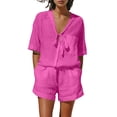 thumbnail image 2 of Yteetum Linen Shorts Sets Women 2 Piece Summer Tie Front Short Sleeve Tops and Shorts Lounge Set Casual Solid Loose Lightweight Breathable Beach Vacation Cotton Linen Outfits Set, 2 of 9