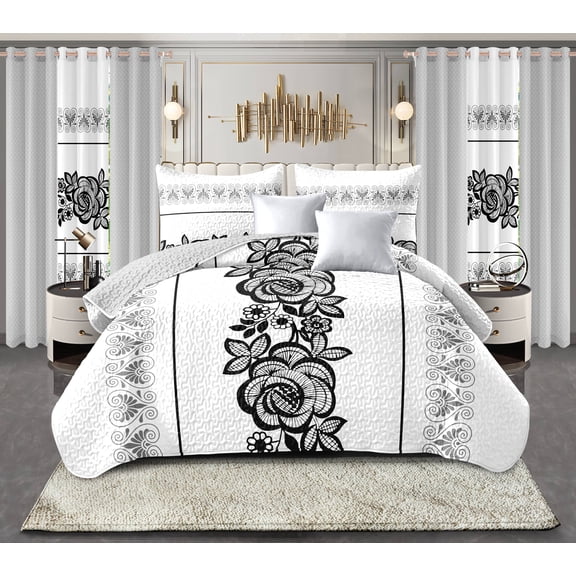 Clearance Sale! Black & White Lace Rose 4-Piece Duvet Cover Set, Soft Bamboo Polyester Floral Bedding(CAL KING)