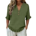 thumbnail image 5 of Tweang Linen Blouse Roll Up Short Sleeve Loose Fit V Neck Ladies Blouse 3/4 Sleeve Boho Side Slit Tops for Women Solid Color Tunic Tops Loose Gauze Tunics Bohemian Tops for Women Green S, 5 of 6