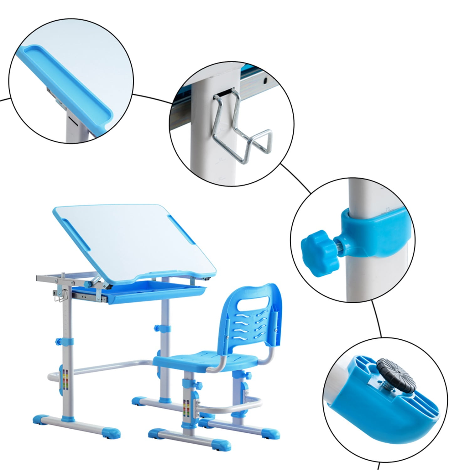 Lowestbest Adjustable Student Desk and Chair Kit, Kids Desk Set with Drawer for Study, Blue