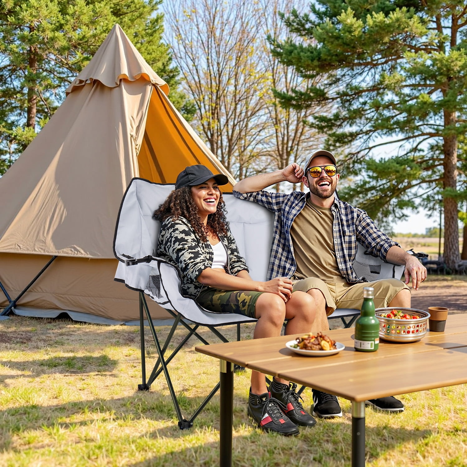BOSSIN Double Oversized Camping Chairs for Adults,Folding Loveseat Camping Couch Support 600lbs with Back Pocket