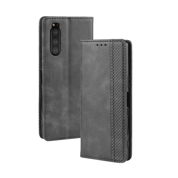 Compatible with Sony Xperia 5 Case Magnetic Closure Vintage Pattern PU Leather Wallet Cover with Card Slots-Black