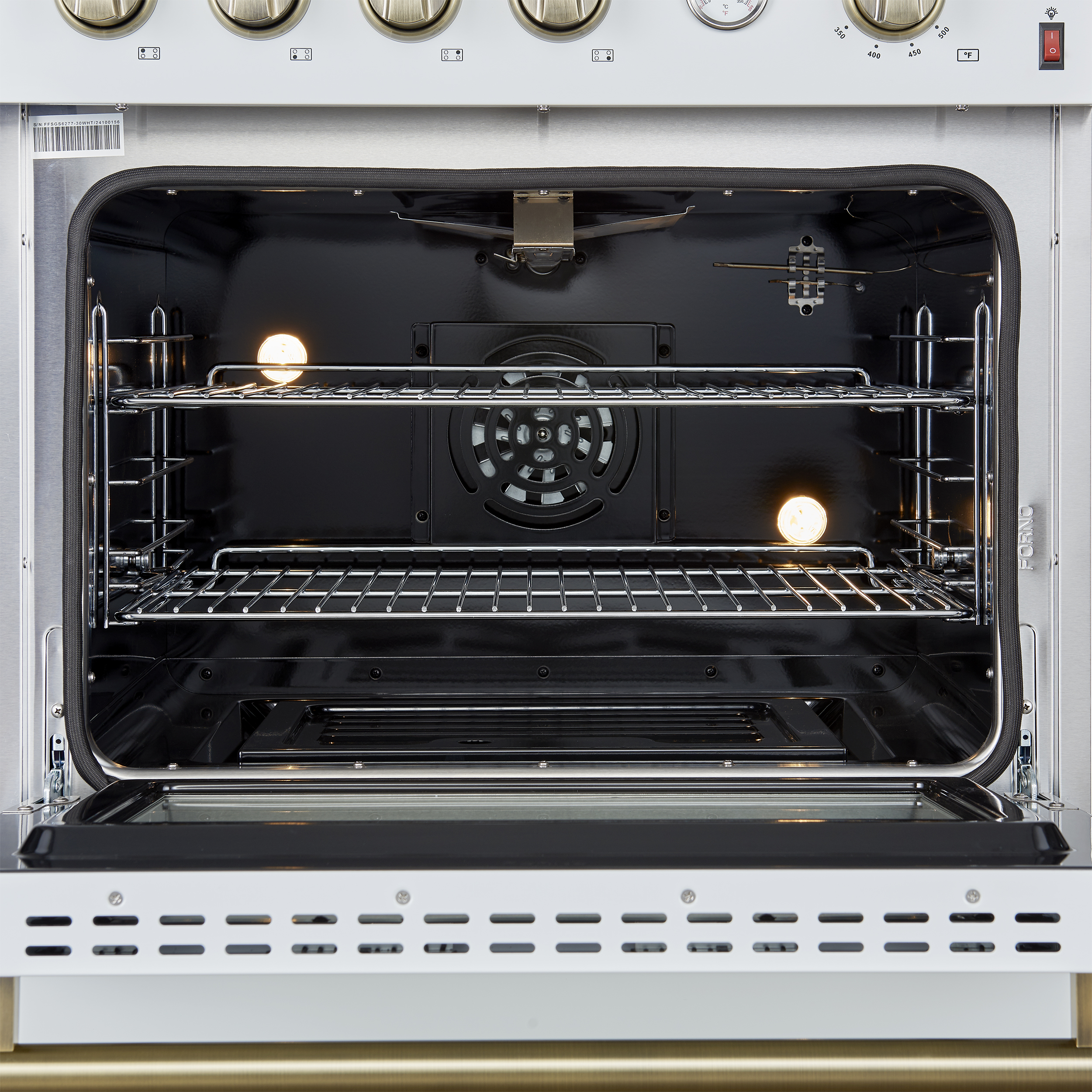Marco 30-inch Gas Range White & Antique Brass Design, 4 Burners 37,000 BTU, 4.32 cu.ft. Convection Oven