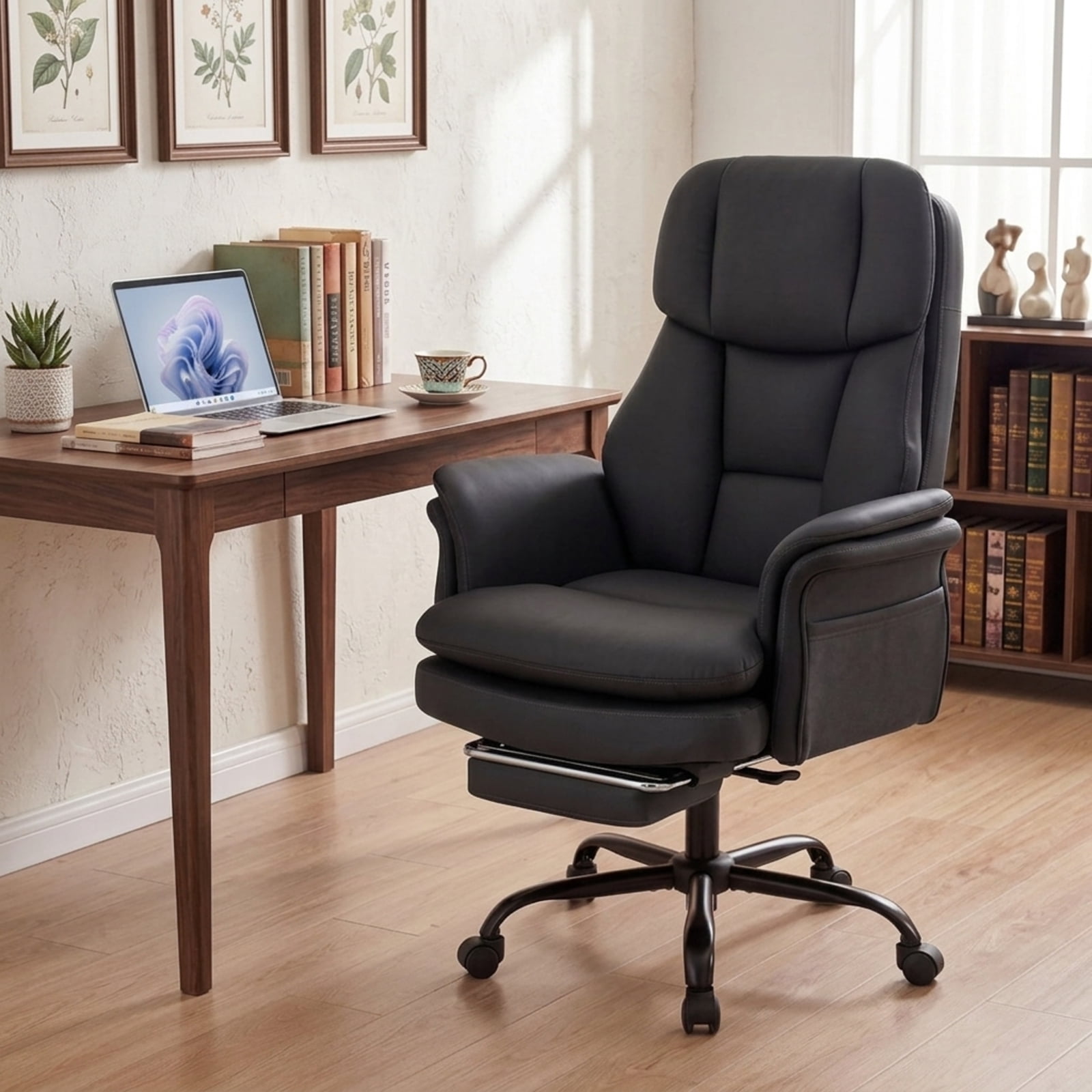 Furnibear Big and Tall Executive Office Chair 500 lbs Ergonomic Cross Legged Computer Chair with Retractable Footrest and Flip Up Arms, Black