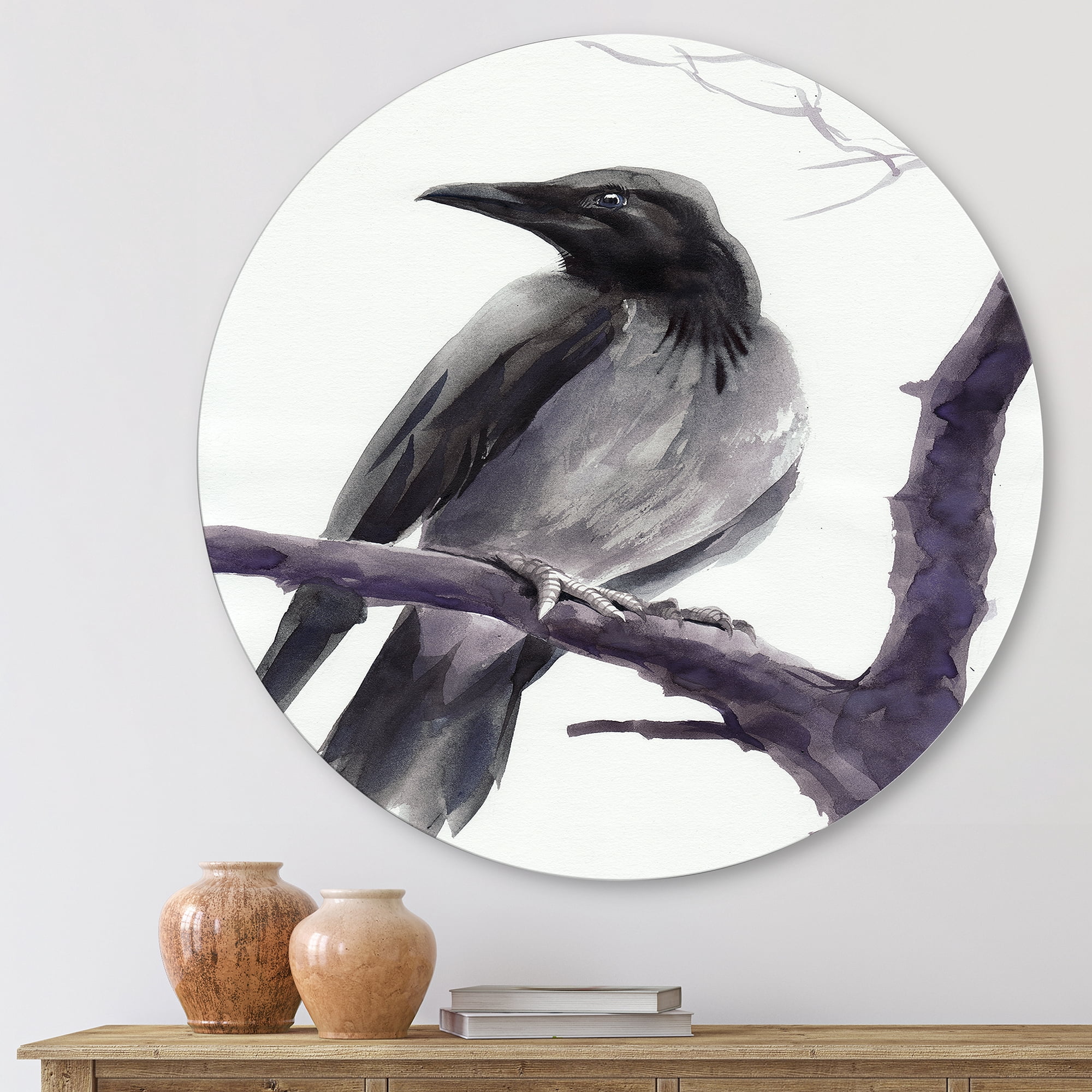 Designart 'Big Crow Sitting On A Branch' Traditional Circle Metal Wall Art 11x11 - Disc of 11