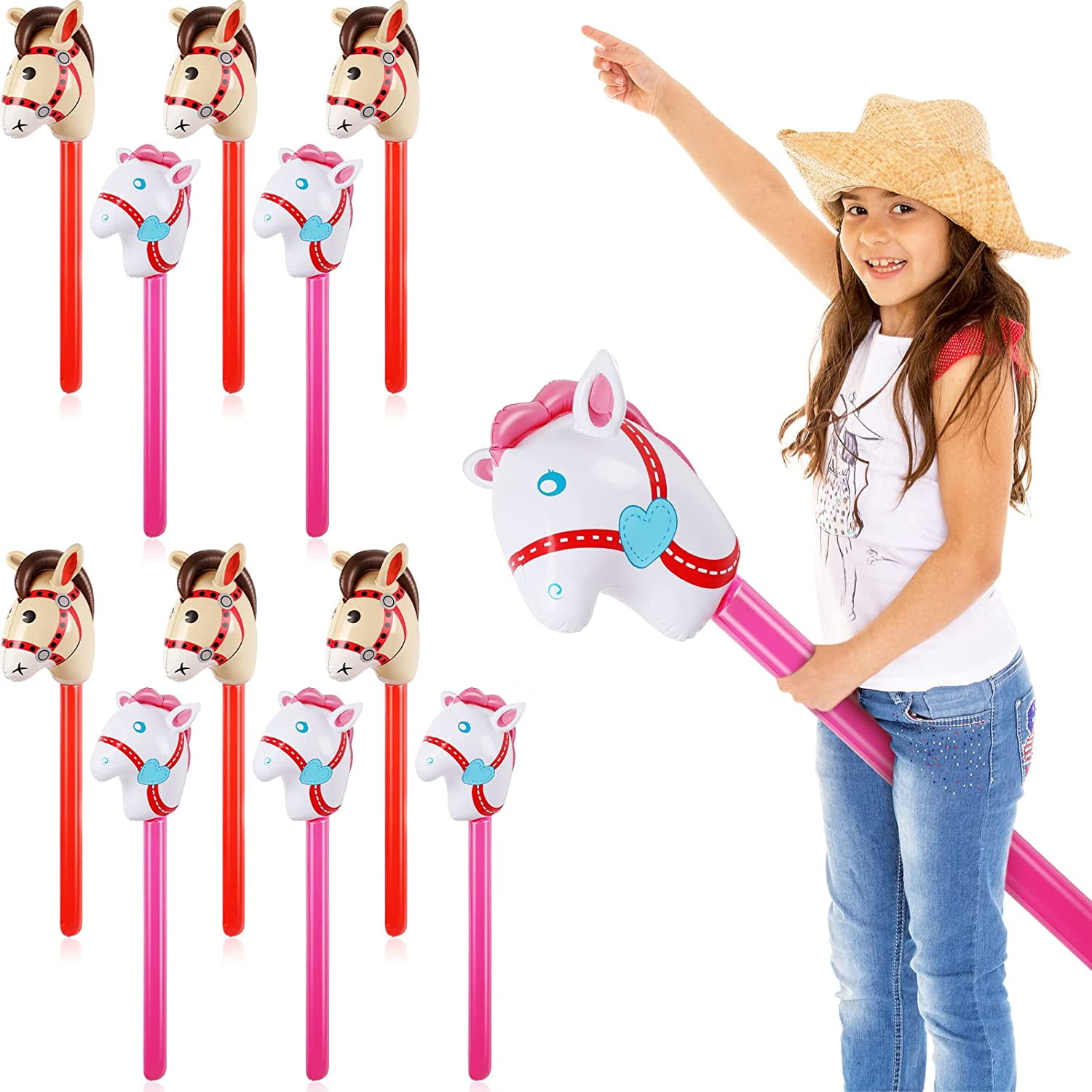 12 Pieces Inflatable Stick Horse Inflatable Horsehead Stick Balloon