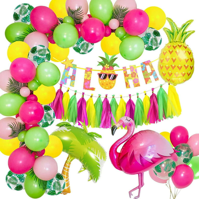 Aowee Hawaiian Flamingo Party Supplies, Beach Themed Balloon Garland Kit with Aloha Banner Pink Flamingo Paper Tassel Pineapple for Birthday Party