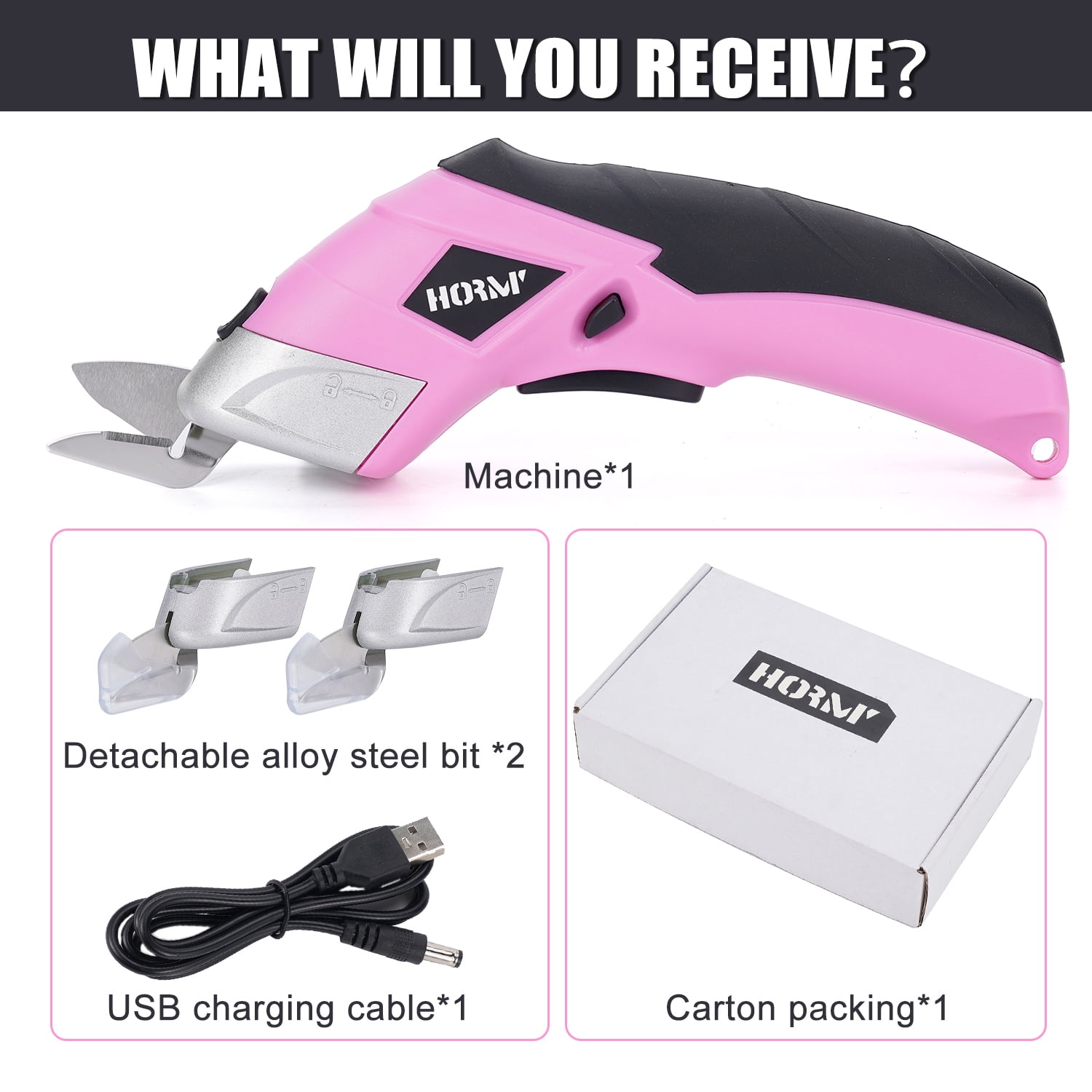 HORMY Cordless Electric Scissors with Two Blades, 3.6V Super Scissors Rechargeable with USB Charge Cable, for Cardboard Cutting Fabric Paper, Pink