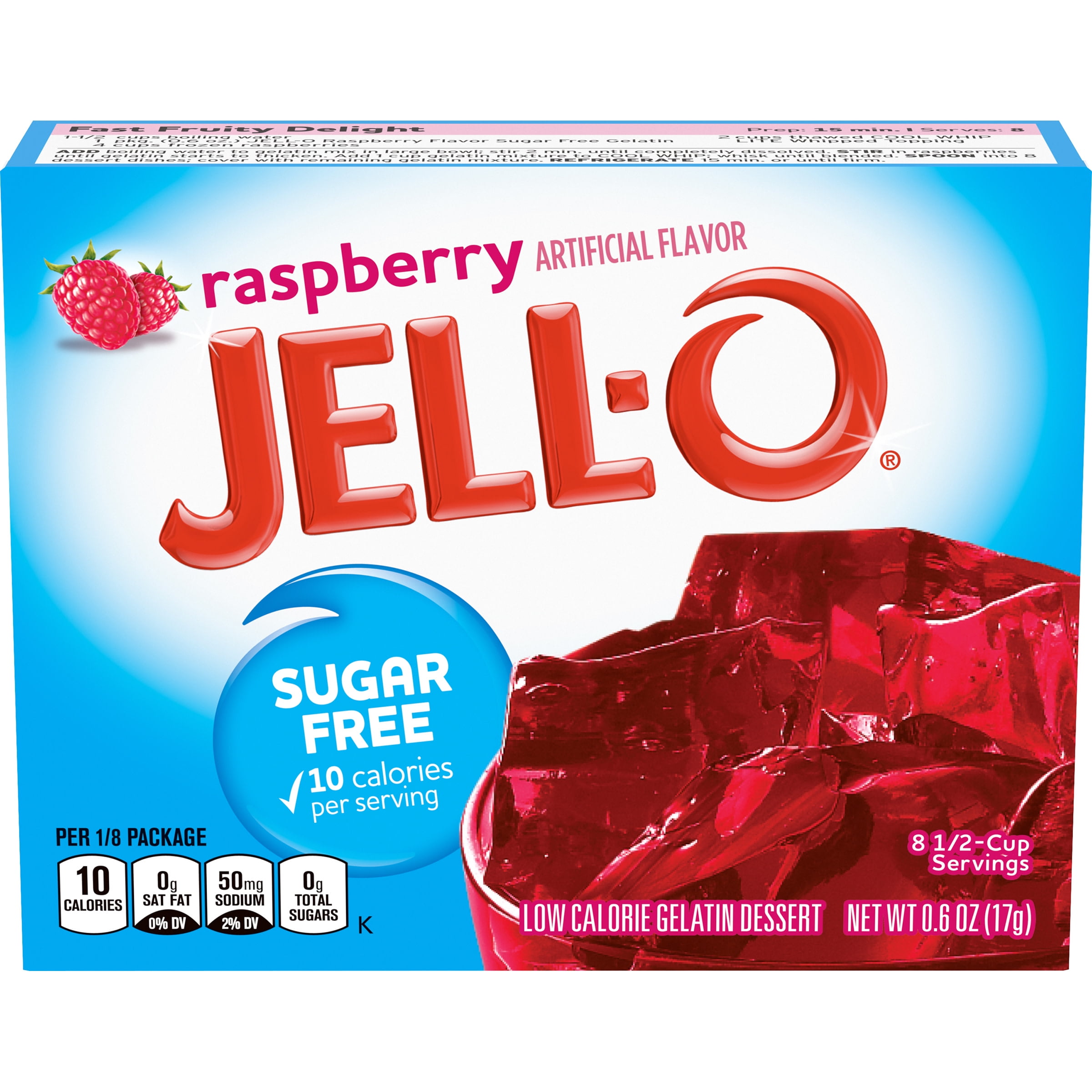 JellO Raspberry Sugar Free Gelatin Dessert Mix, 0.6 oz Box