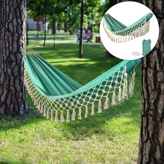Eurhowing Outdoor Cotton Hammock with Tassels, 440lb Double 2 Person Portable Hammock, Heavy Duty Boho Hammock for Camping Patio Backyard Travel, Green