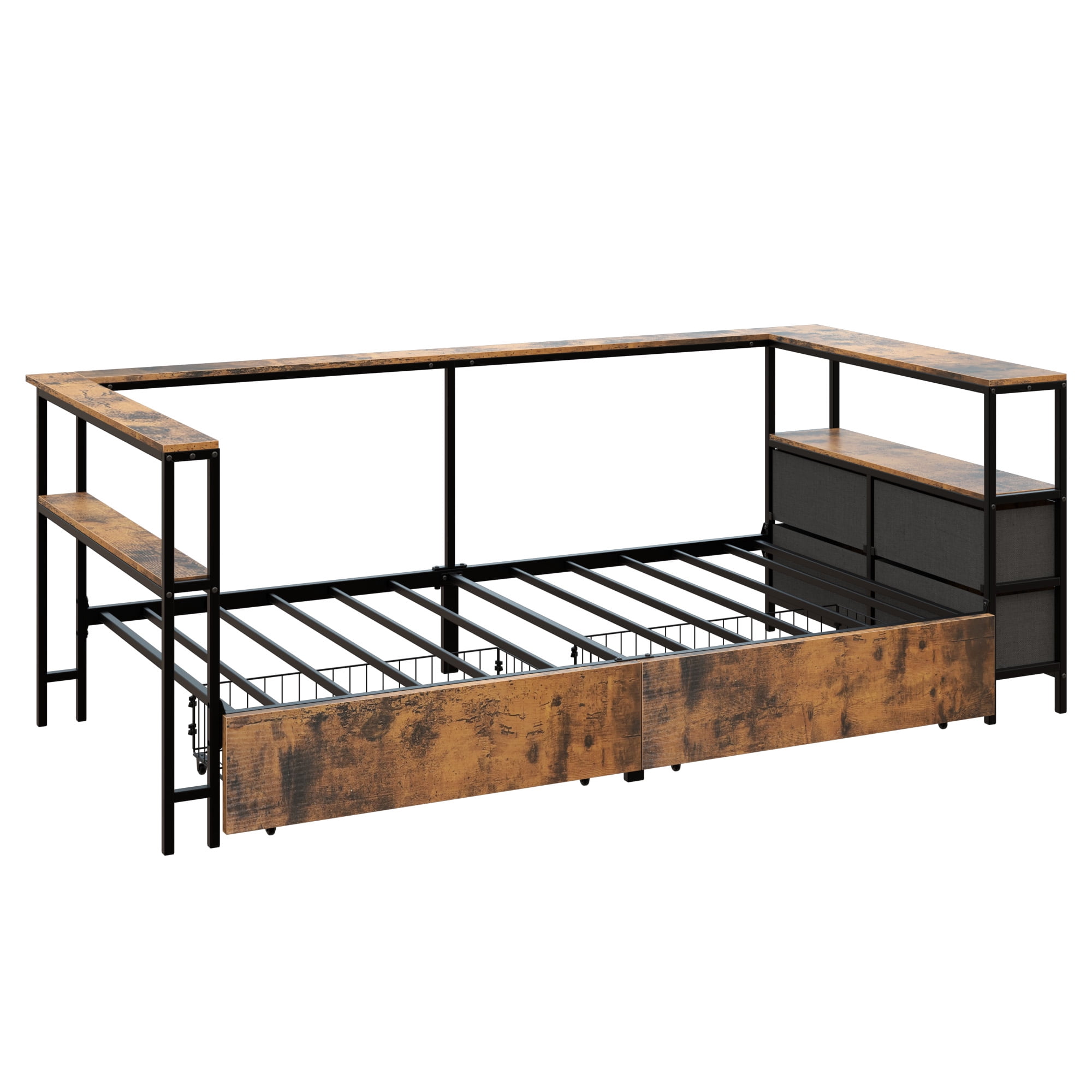 Miniyam L-Shaped Twin Bed Frame with Storage Drawers, Charging Station & Bookshelf, Metal Platform Bed