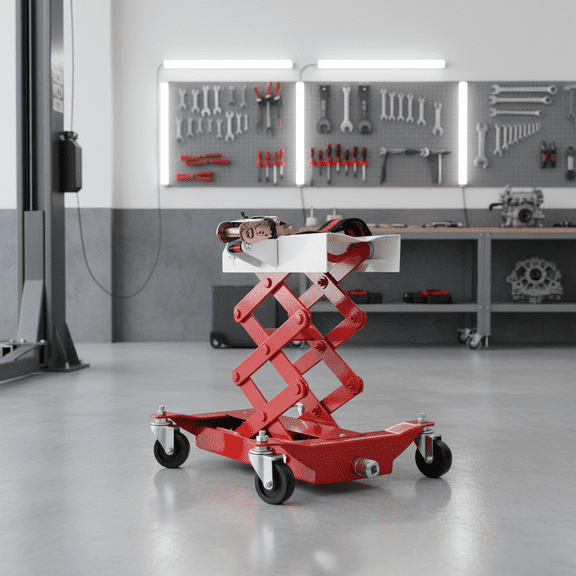 450 lb Low Lift Transmission Jack - Low Profile Transmission & Gas Tank Jack for Small Cars, Trucks & SUVs, with Nylon Safety Strap & 4 Swivel Casters, 7.25" to 22.6" Lift, Red