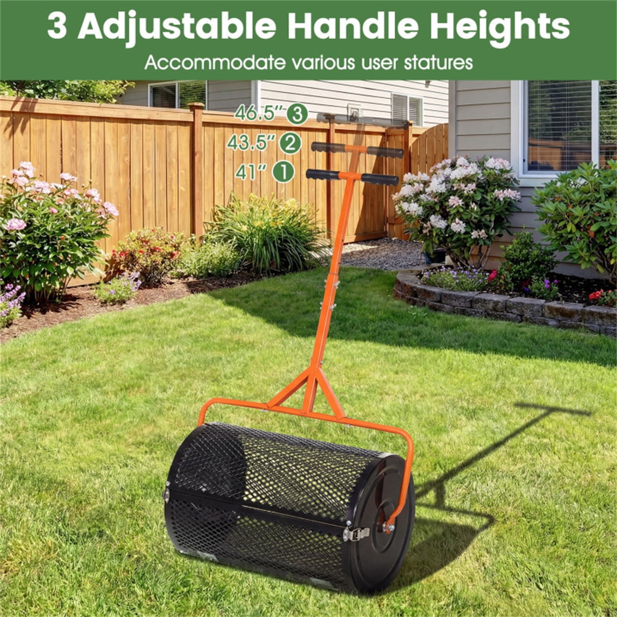 24In Lawn Topdressing Spreader Heavy Duty Metal Mesh Compost Soil Sand Fertilizer Peat Moss Roller Orange Adjustable Ergonomic T-Shape Handle Clump-Free Distribution 2.7Cu Ft Capacity with Wide Door
