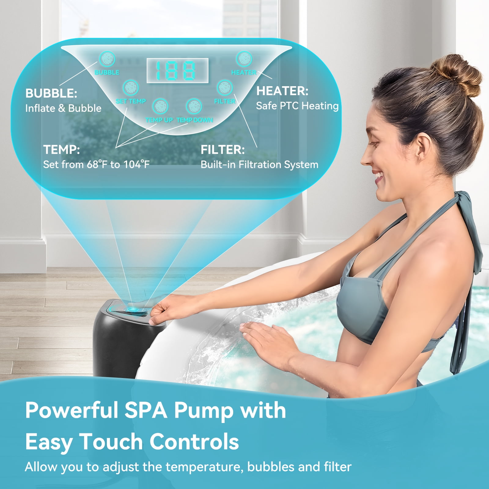 MOPHOTO Hot Tub - 71” X 71” X 25” Inflatable Hot Tub, 2-4 Person Portable Blow Up Hot Tub Square Portable Outdoor Spa with 130 Bubble Jets and Built in Heater Pump, Filter