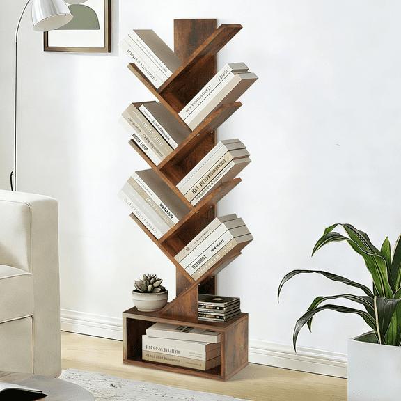 Dkelincs 7 Tier Tree Bookshelf with Open Storage Base, Space-Saving Floor Standing Bookshelf Wood Bookcase Organizer for Living Room Bedroom, Brown