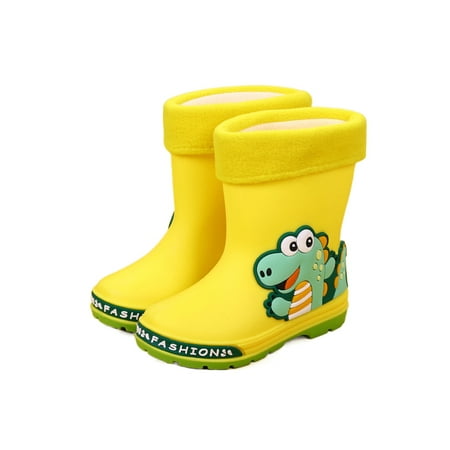 

Zodanni Girls Comfort Rainboot Outdoor Non Slip Pull On Cute High Top Mid Calf Boot Yellow Dinosaur Plush 12C