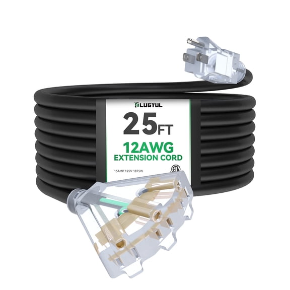 PLUGTUL 25FT 12 Gauge Outdoor Extension Cord with 3-Outlet, Heavy Duty Extension Cord with Lighted end, ETL Listed