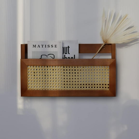 Wall Wood Magazine Rack with PE Rattan Grid,Size 17.3" x 4" x 9.4",File Holder For Entryway, Living Room, Waiting Room, Kids’ room,Office（Brown）