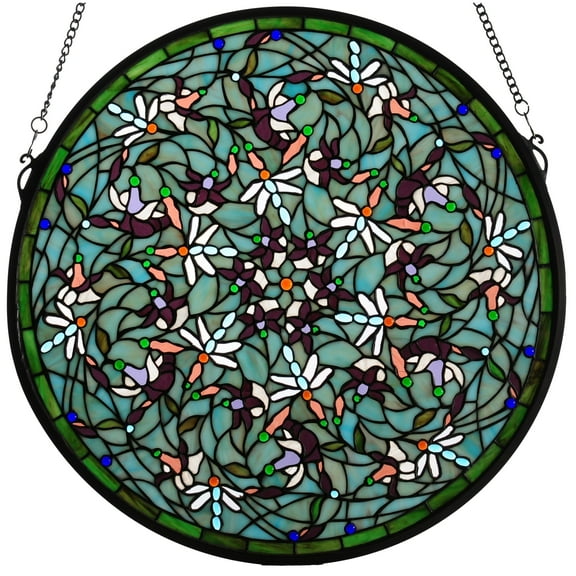 Meyda Emerald Dragonfly Swirl Medallion Stained Glass Window Panel - n/a