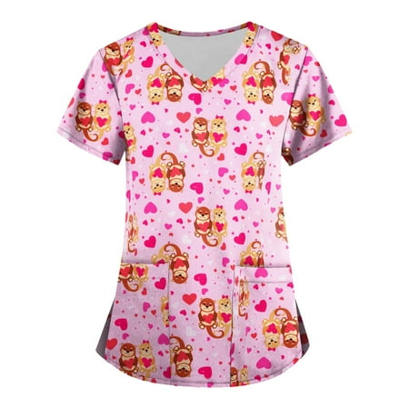

Tking Fashion Womens Scrubs Plus Size Short Sleeve V Neck Animal Print Tops Loose Working Uniform Shirts with Pocket Pink L
