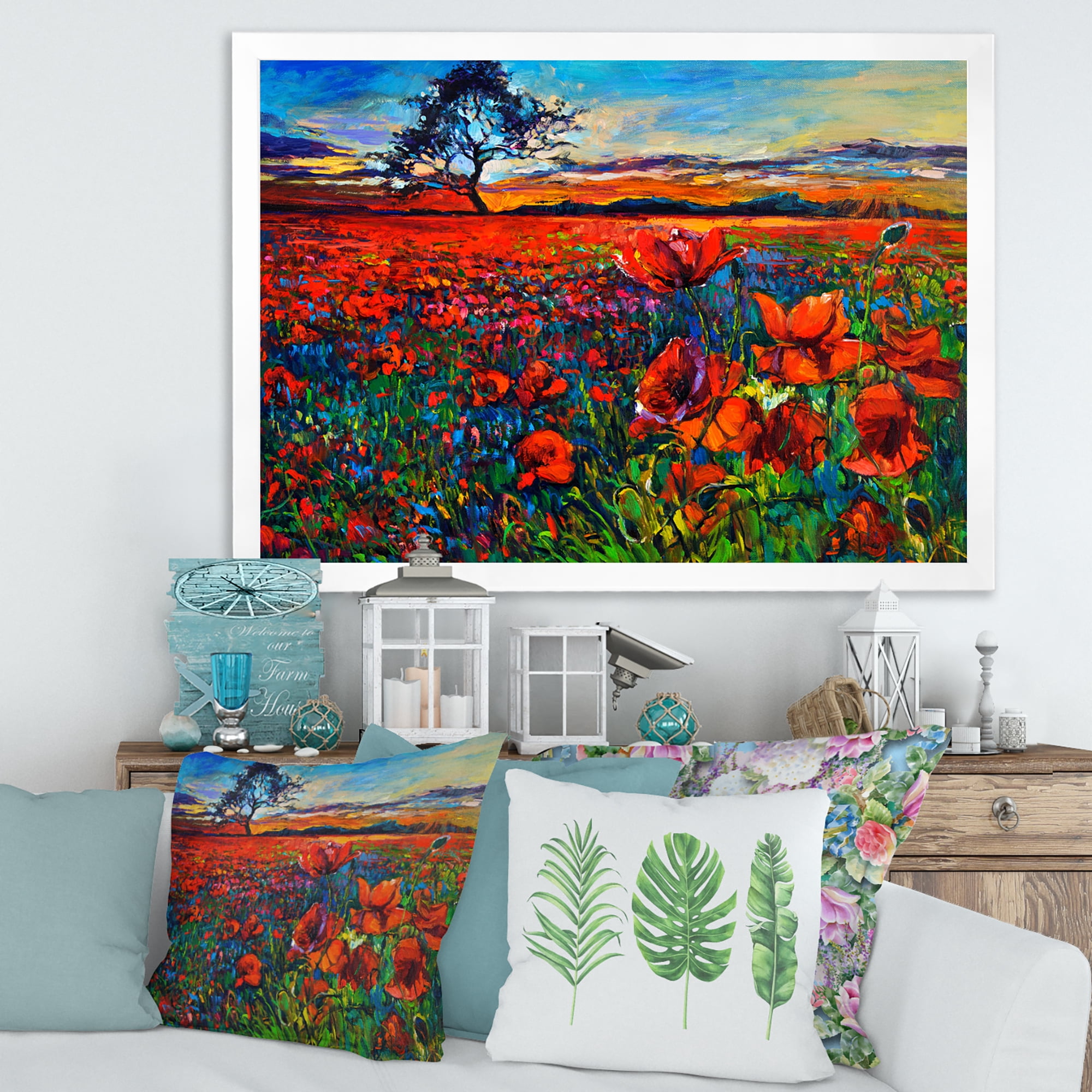 Designart 'Blossoming Red Poppy Fields With Distant Tree' Traditional Framed Art Print