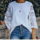 thumbnail image 2 of Moda mujer Casual Color sólido cuello redondo encaje costura media manga camiseta Top blusa pulóver Pompotops hfajkhk135580, 2 of 9