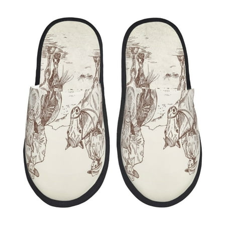 Balery Cowboys Riding Horses In Desert Slient Indoor Furry Fleece Comfort House Shoes Soft Non-Slip Home Shoes Cotton slippers House Slippers-- Large