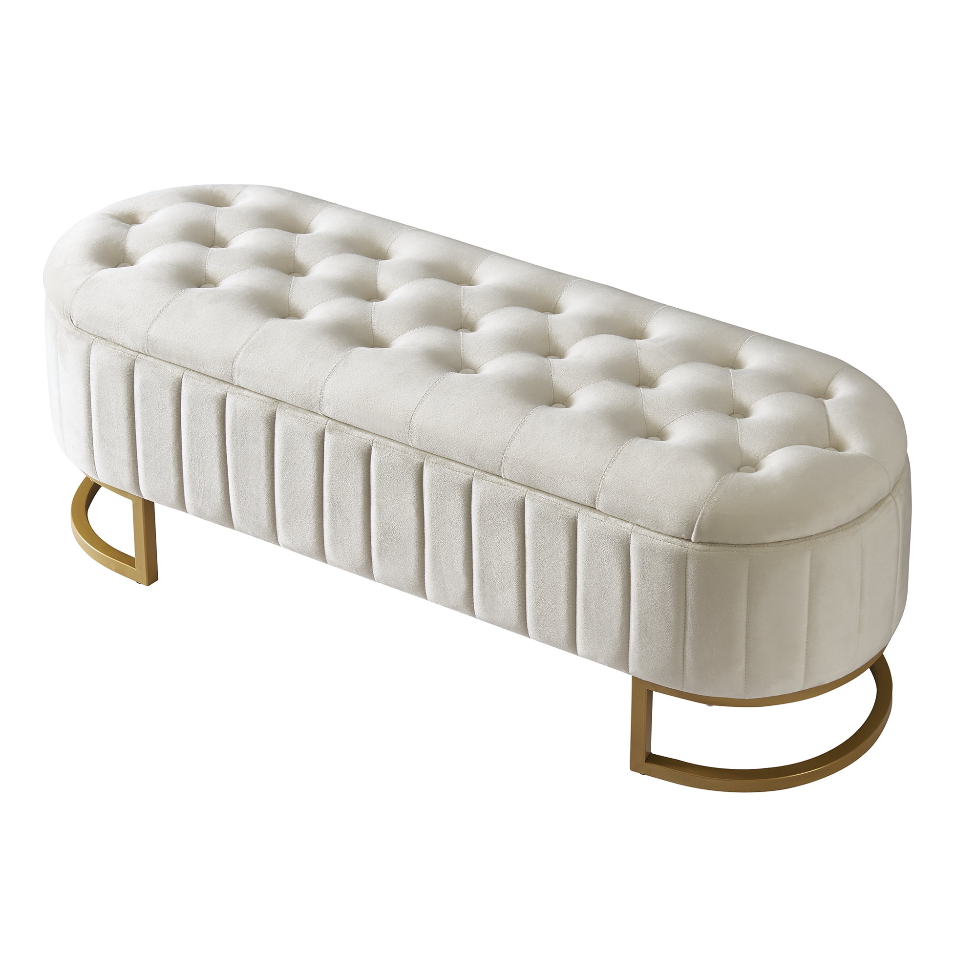 Aukfa 47" Velvet Storage Ottoman Bench, Button Tufted End of Bed Bench with Metal Legs, Modern Entryway Shoe Bench, Beige