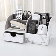 KINGFOM Desktop Drawers, PU Leather Pen Holder Desktop Organizer Office Supplies Storage Box for Pen/Mobile Phone/Remote Control Gray Marble